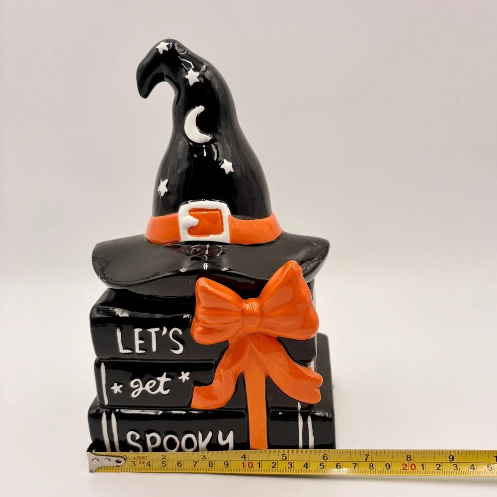 Halloween Ceramic Witch Hat Stacked Books Let's Get Spooky Candy Jar Black
